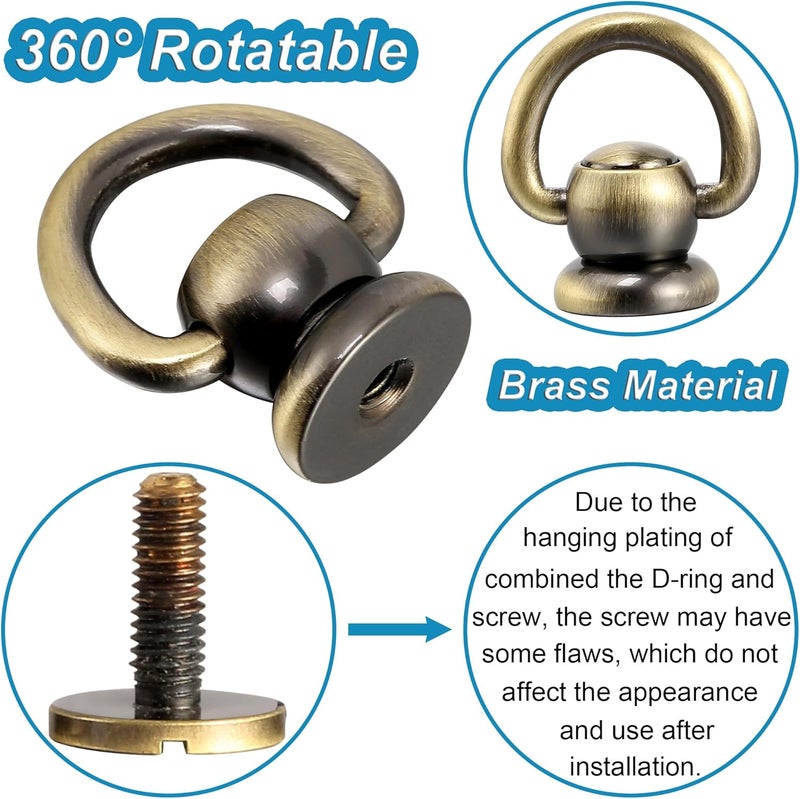 Notgia 4Pcs D Rings for Purse Brass Rivets for Leather Rotatable Purse Strap Hardware Ball Button Studs for Handbag D Rings Chicago Screws for Repair Purse Dog Collar Leather Crafts (Brushed Bronze) - Image 3